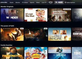 A screenshot of the Prime Video homepage, showing various "Wonder Originals" such as "The Wonder Project," "It's Not Like That," and "Sarah's Oil," along with "The power of faith" titles like "I Can Only Imagine 2," and "Family Favorites" including "Paddington" and "Big Miracle."
