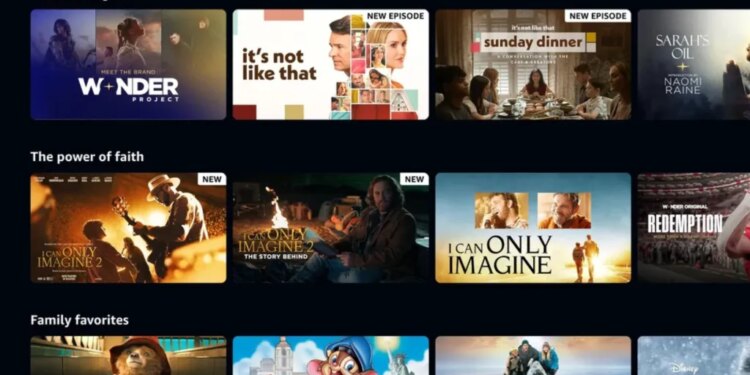 A screenshot of the Prime Video homepage, showing various "Wonder Originals" such as "The Wonder Project," "It's Not Like That," and "Sarah's Oil," along with "The power of faith" titles like "I Can Only Imagine 2," and "Family Favorites" including "Paddington" and "Big Miracle."