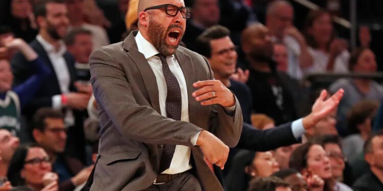 New York Knicks head coach David Fizdale reacts to a call during the game.
