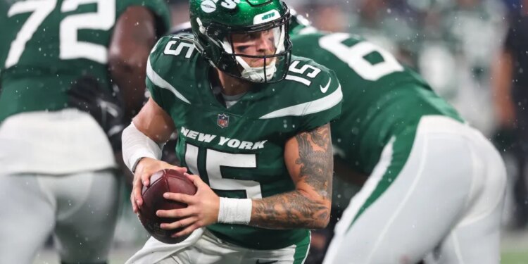 New York Jets quarterback Chris Streveler (15) looks to pass the ball during the second half against the Atlanta Falcons.