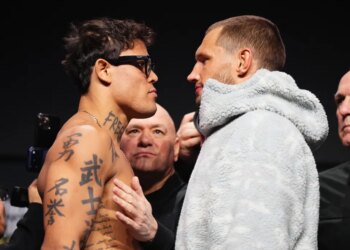 Opponents Caio Borralho and Reinier de Ridder face off during a UFC press conference.