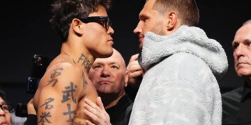Opponents Caio Borralho and Reinier de Ridder face off during a UFC press conference.