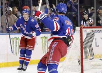 Gabe Perreault (left) celebrates after scoring a third period goal in the Rangers' overtime loss to the Blue Jackets on March 2, 2026.