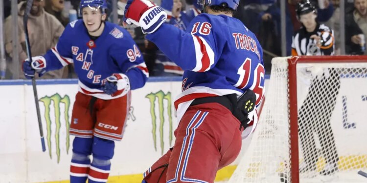 Gabe Perreault (left) celebrates after scoring a third period goal in the Rangers' overtime loss to the Blue Jackets on March 2, 2026.