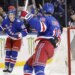 Gabe Perreault (left) celebrates after scoring a third period goal in the Rangers' overtime loss to the Blue Jackets on March 2, 2026.