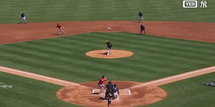 Yankees pitcher Gerrit Cole throws a pitch against the Red Sox during the first inning of a spring training game on March 18, 2026.