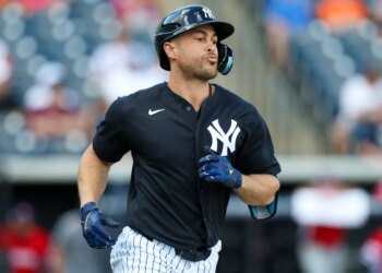 Giancarlo Stanton runs to first after ripping a single in the fourth inning of the Yankees' 12-1 blowout exhibition win over Panama on March 3, 2026.