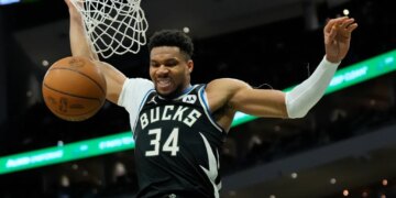 Milwaukee Bucks' Giannis Antetokounmpo dunks during the second half of an NBA basketball game against the Indiana Pacers, Sunday, March 15, 2026, in Milwaukee.