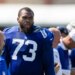 New York Giants offensive tackle Evan Neal (73) looks on during training camp at the Quest Diagnostics center, Tuesday, July 29, 2025, in East Rutherford, New Jersey.