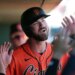 Bryce Eldridge of the San Francisco Giants smiles and celebrates with teammates.