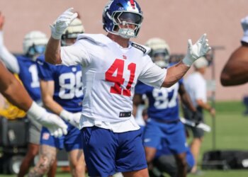 New York Giants linebacker Micah McFadden #41, during practice at the Giants training facility in East Rutherford, NJ.
