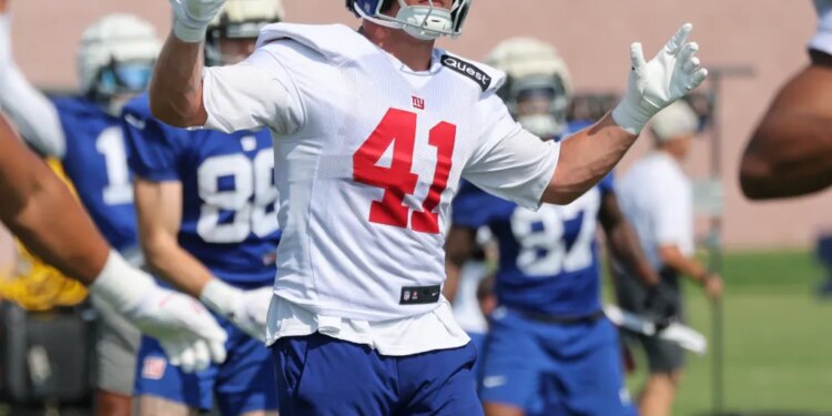 New York Giants linebacker Micah McFadden #41, during practice at the Giants training facility in East Rutherford, NJ.
