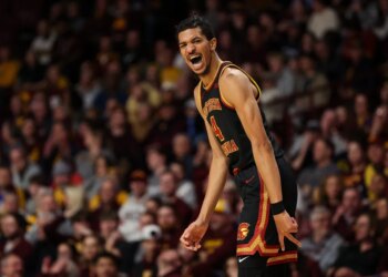 USC forward Chad Baker-Mazara celebrates during a basketball game.