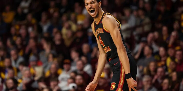 USC forward Chad Baker-Mazara celebrates during a basketball game.