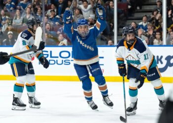 Anna Segedi celebrates after scoring her first PWHL goal in the Goldeneyes' 5-2 win over the Sirens on March 18, 2026 in Vancouver.