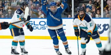 Anna Segedi celebrates after scoring her first PWHL goal in the Goldeneyes' 5-2 win over the Sirens on March 18, 2026 in Vancouver.