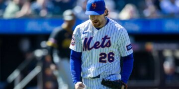 Nolan McLean (26) reacts after ending the fifth inning at Citi Field, Sunday, March 29, 2026.
