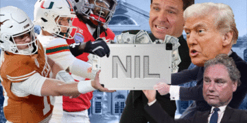 Illustration of college football players, Ron DeSantis, Donald Trump, and a businessman fighting over a briefcase of money labeled "NIL."