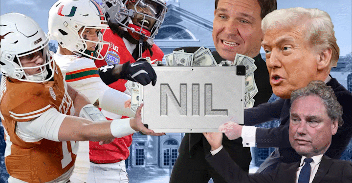 Illustration of college football players, Ron DeSantis, Donald Trump, and a businessman fighting over a briefcase of money labeled "NIL."