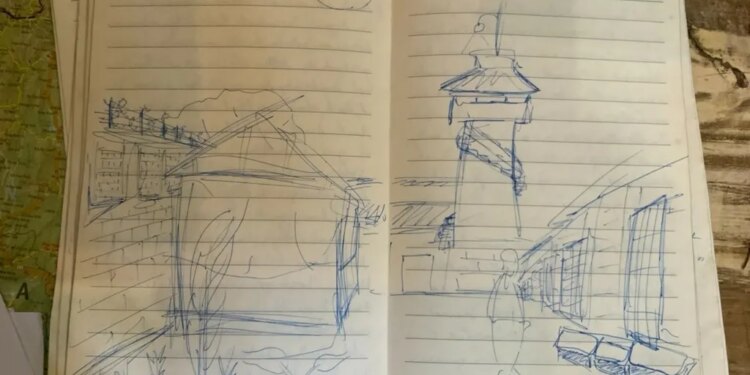 An early sketch of the prison yard.