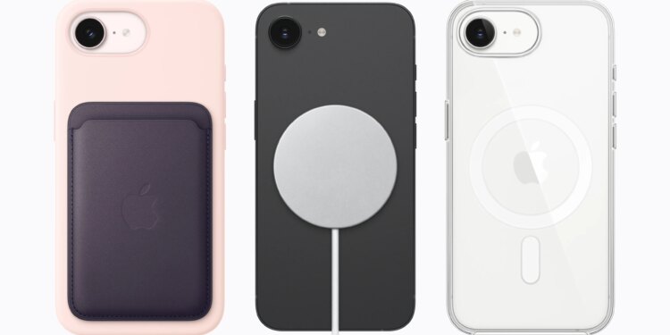 iPhone 17E shown with MagSafe wallet, charger, and clear case