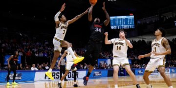 Bryce Harris who scored 19 points and grabbed 14 rebounds, goes up for a layup during Howard's 86-83 win over UMBC in a First Four matchup on March 17, 2026.