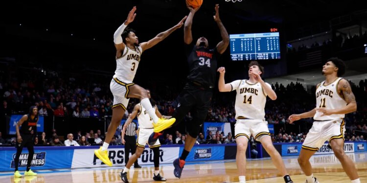 Bryce Harris who scored 19 points and grabbed 14 rebounds, goes up for a layup during Howard's 86-83 win over UMBC in a First Four matchup on March 17, 2026.