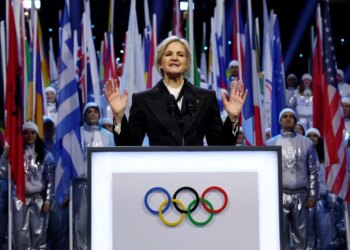 IOC President Kirsty Coventry speaks at the 2026 Winter Olympics opening ceremony.