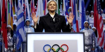 IOC President Kirsty Coventry speaks at the 2026 Winter Olympics opening ceremony.