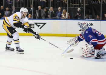 Pittsburgh Penguins right wing Anthony Mantha (39) makes a shot on goal attempt against New York Rangers goaltender Igor Shesterkin (31) during a shootout.