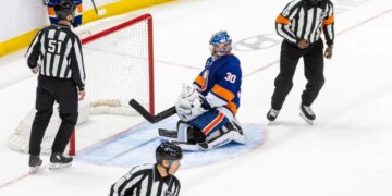 Goaltender Ilya Sorokin #30 of the New York Islanders reacts after allowing a goal during the third period at UBS Arena, Monday, March 30, 2026, in Elmont, NY.
