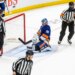 Goaltender Ilya Sorokin #30 of the New York Islanders reacts after allowing a goal during the third period at UBS Arena, Monday, March 30, 2026, in Elmont, NY.