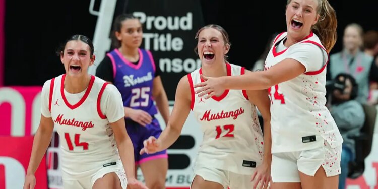 Three elated basketball players in "Mustangs" jerseys celebrating on the court.