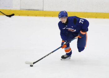 New York Islanders forward Victor Eklund (73) runs a drill during Development Camp at Northwell Health Ice Center in East Meadow, N.Y. on Monday, June 30, 2025.
