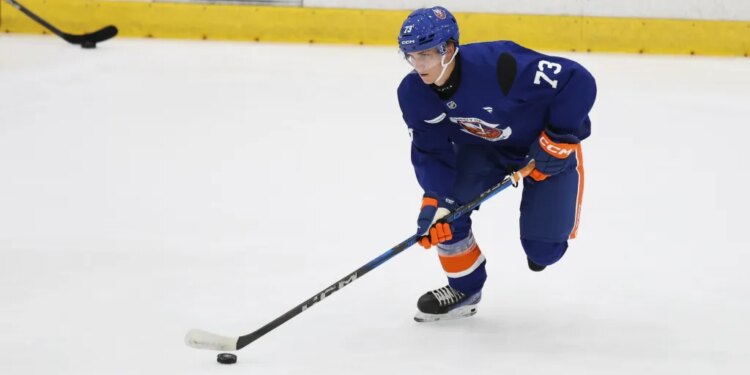 New York Islanders forward Victor Eklund (73) runs a drill during Development Camp at Northwell Health Ice Center in East Meadow, N.Y. on Monday, June 30, 2025.
