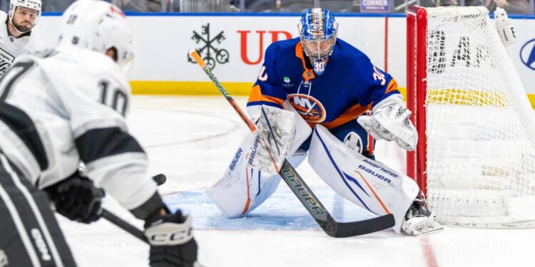 New York Islanders goalie Ilya Sorokin defends the net during a game against the Los Angeles Kings.