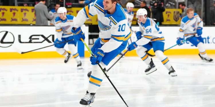 St. Louis Blues center Brayden Schenn (10) warms up before a game against the Vegas Golden Knights at T-Mobile Arena.