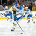 St. Louis Blues center Brayden Schenn (10) warms up before a game against the Vegas Golden Knights at T-Mobile Arena.