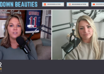 Two women on a podcast titled "BARDOWN BEAUTIES" with branding for "SKOR NORTH".