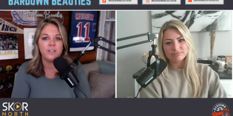 Two women on a podcast titled "BARDOWN BEAUTIES" with branding for "SKOR NORTH".