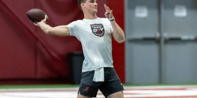 Ty Simpson throws at Alabama's Pro Day on March 25, 2026.