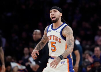 New York Knicks guard Jose Alvarado reacting on the court.