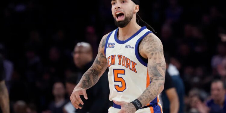 New York Knicks guard Jose Alvarado reacting on the court.