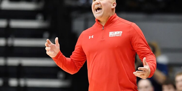 Belmont head coach Casey Alexander shouting instructions during a basketball game.