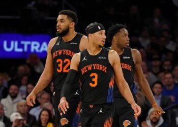 New York Knicks guard Josh Hart along with New York Knicks center Karl-Anthony Towns and New York Knicks forward Og Anunoby react on the court during the third quarter at Madison Square Garden in New York, New York, USA, Tuesday, March 24, 2026