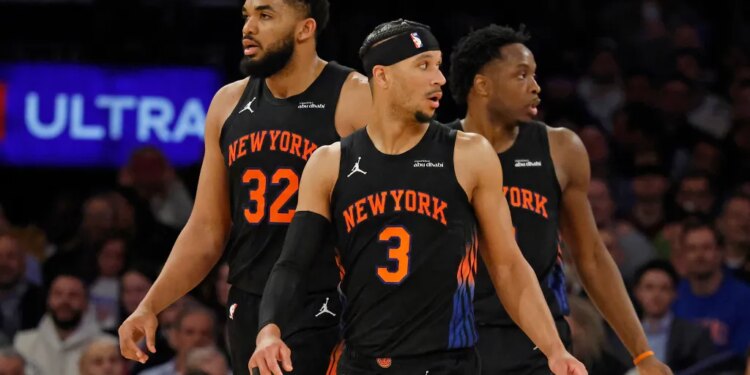 New York Knicks guard Josh Hart along with New York Knicks center Karl-Anthony Towns and New York Knicks forward Og Anunoby react on the court during the third quarter at Madison Square Garden in New York, New York, USA, Tuesday, March 24, 2026