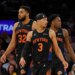 New York Knicks guard Josh Hart along with New York Knicks center Karl-Anthony Towns and New York Knicks forward Og Anunoby react on the court during the third quarter at Madison Square Garden in New York, New York, USA, Tuesday, March 24, 2026