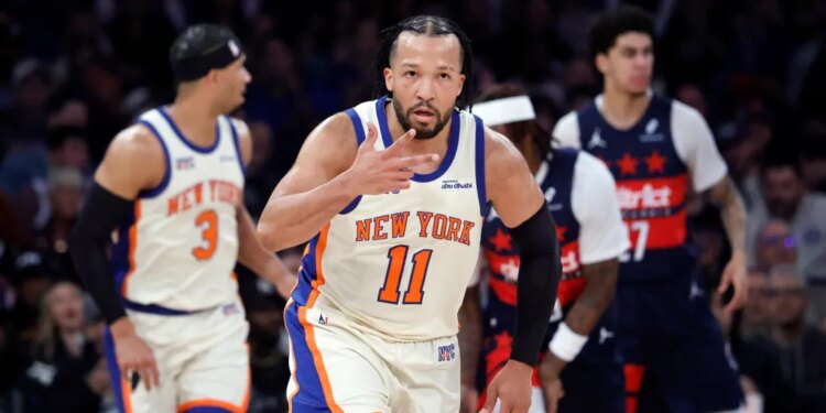 Jalen Brunson of the New York Knicks reacts after a three-point shot.