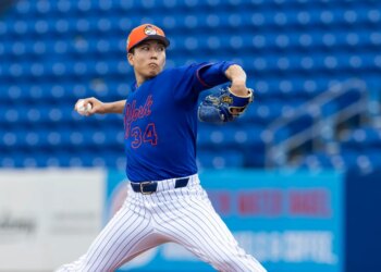 Mets Pitcher Kodai Senga throws live batting practice during Spring Training at Clover Field, Thursday, Feb. 19, 2026, in Port St. Lucie, FL.