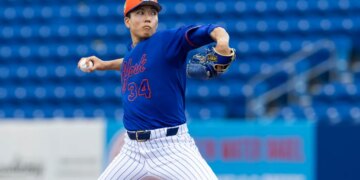 Mets Pitcher Kodai Senga throws live batting practice during Spring Training at Clover Field, Thursday, Feb. 19, 2026, in Port St. Lucie, FL.
